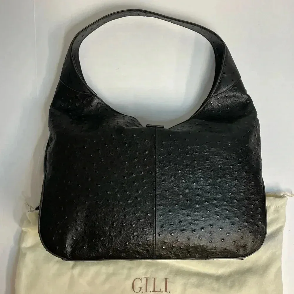 GILI Ostrich Leather Hobo Bag Stirrup Black NWOT Dust bag Shoulder Purse Handbag - Image 4