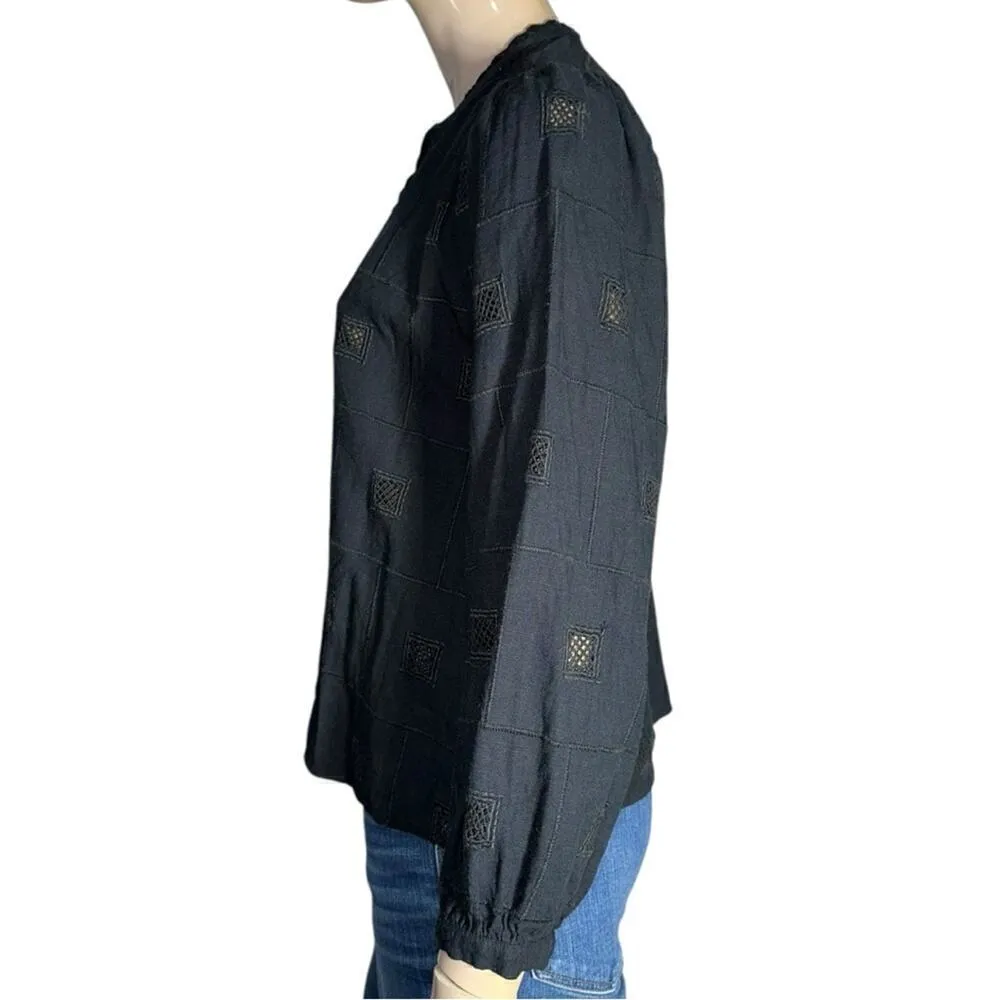 ba&sh Women’s Size 2 XS Black Linen Blend Ravel Openwork Tassel Top Shirt Blouse - Image 8