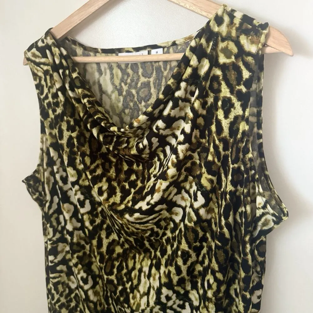 Susan Graver Leopard Print Cowl Neck Green Brown Sleeveless Top Blouse Women 1X - Image 5