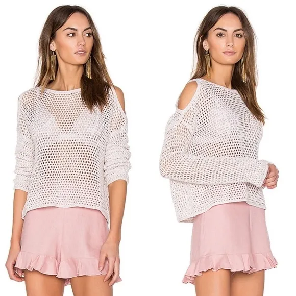 Evereve John + Jenn Beige Open Knit Cold Shoulder Boho Sweater Size XS/S - Image 2
