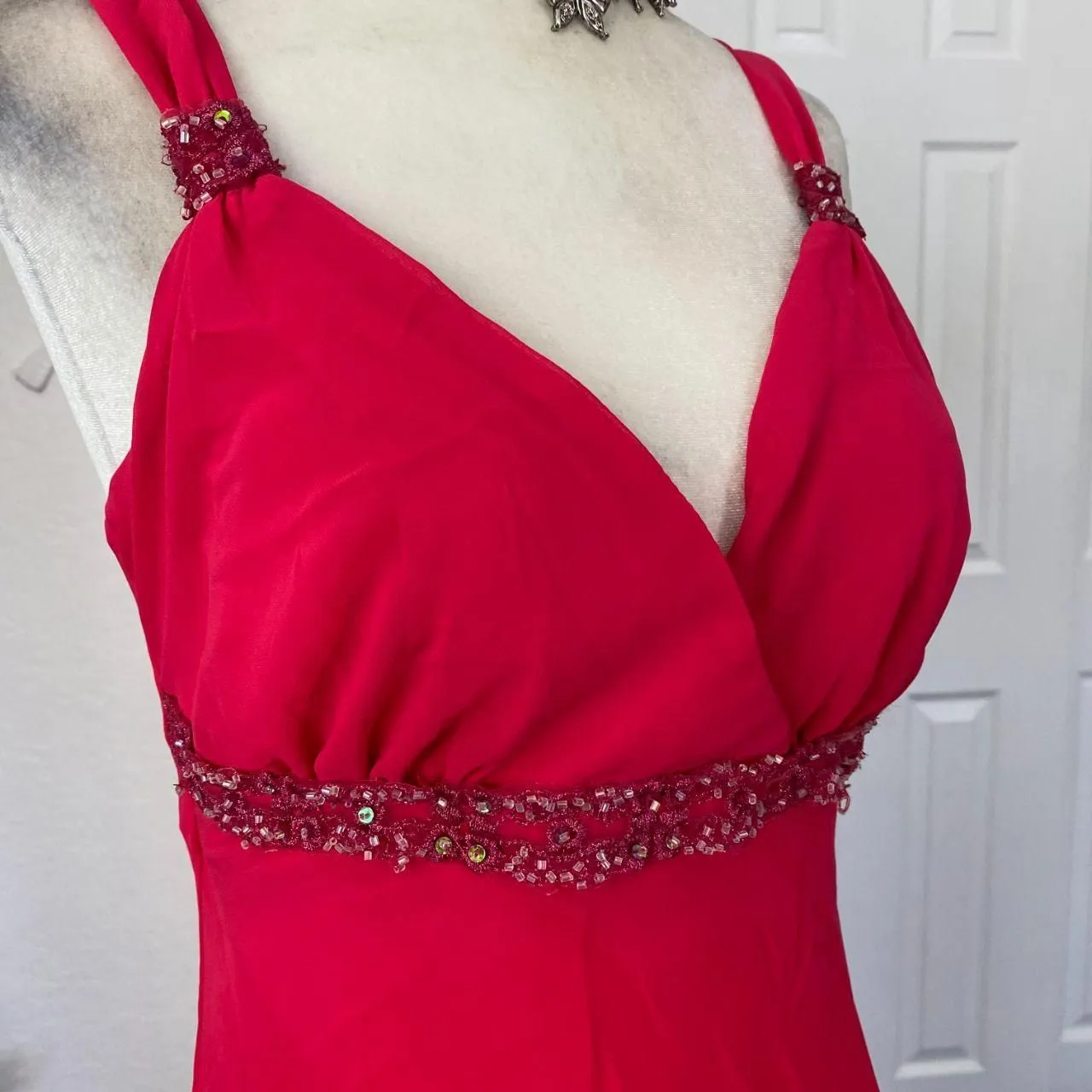 Vintage Early 2000's Bright Fuchsia Pink Beaded Asymmetric Flowy Midi Dress S - Image 4