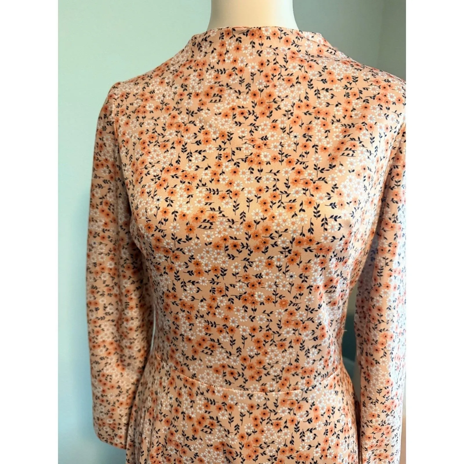Vintage Peach Floral Print Long Sleeve Midi Dress Mock Neck A Line Women's Small Orange - Image 3