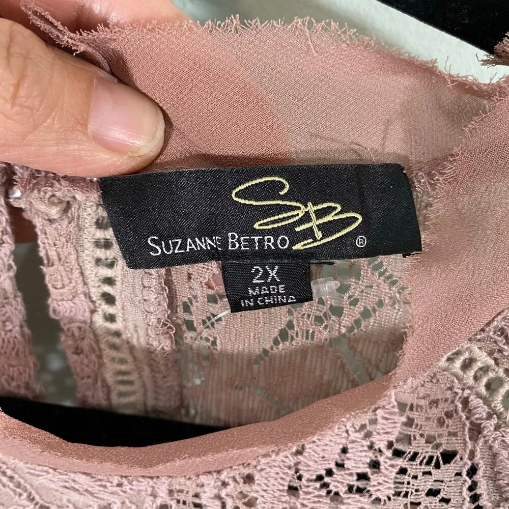 Suzanne Betro Women's Dusty Pink Overlay Lace Short Sleeve Blouse Size 2X NWT - Image 5