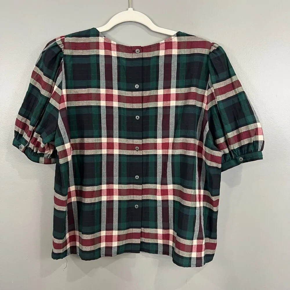 Cremieux Large Plaid Short puff Sleeve Back Button Top - Image 6