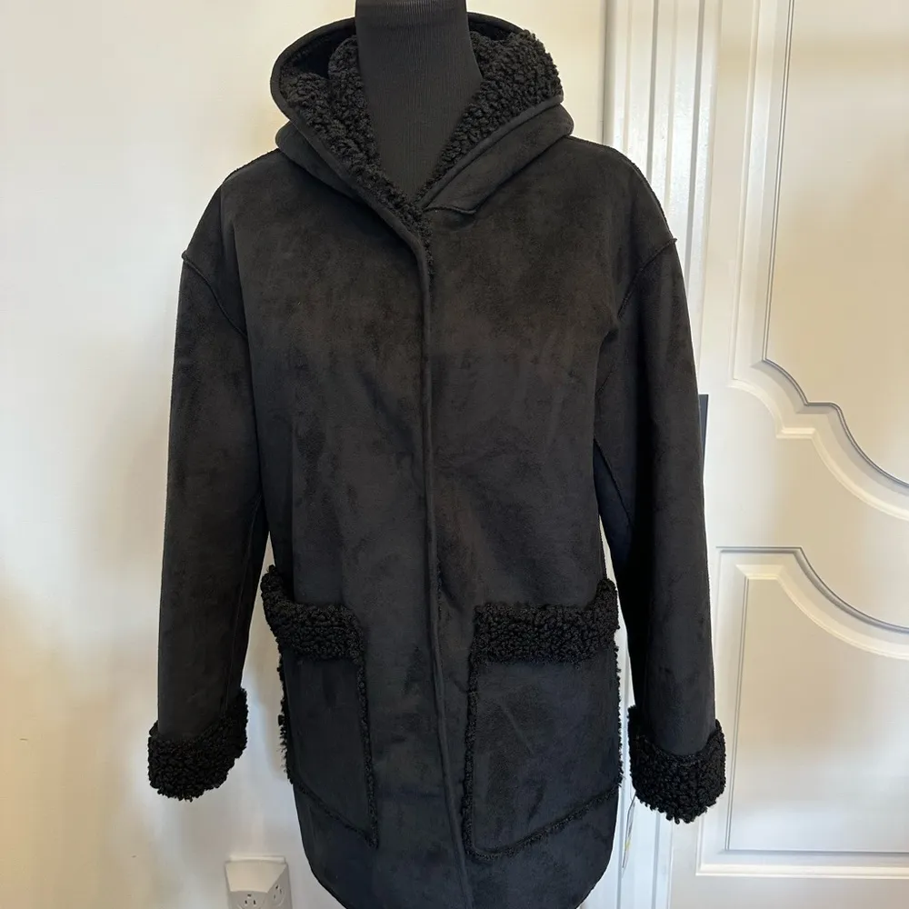 Lucky Brand Faux Shearling Lined Black Faux Suede Barn Coat Hooded Jacket NEW - Image 2