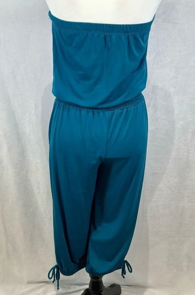 teal strapless smocked waist cropped leg jumpsuit size small - Image 5