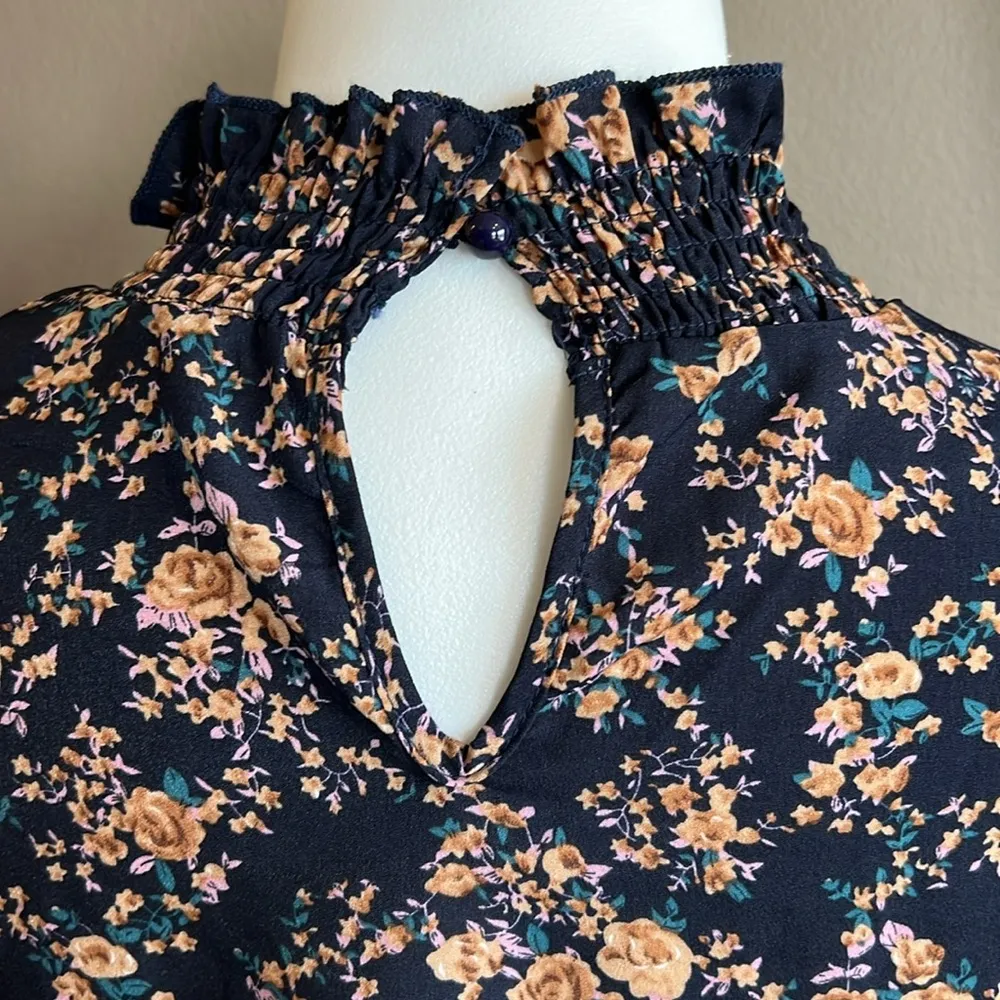 SHEIN Curve Navy Print Flutter Sleeve Stretch Smocked High Neck Top Size 4X - Image 7