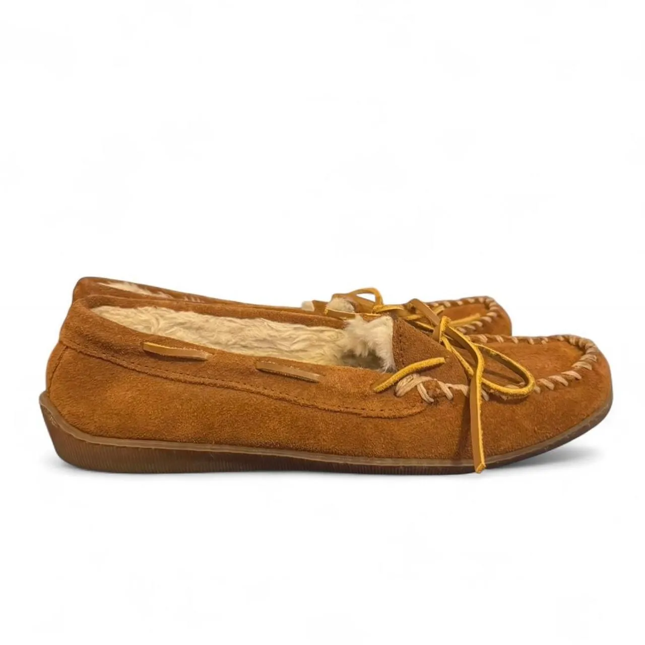 Minnetonka Women’s Moccasins Size 9 Brown Suede Shearling Lined Softsole - Image 3