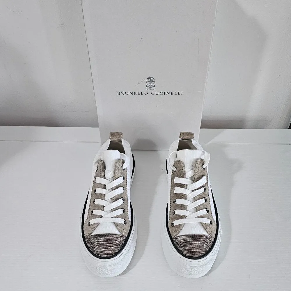 Brunello Cucinelli Knit and Suede Sneakers with precious toe /White/ Size 38 1/2 - Image 2