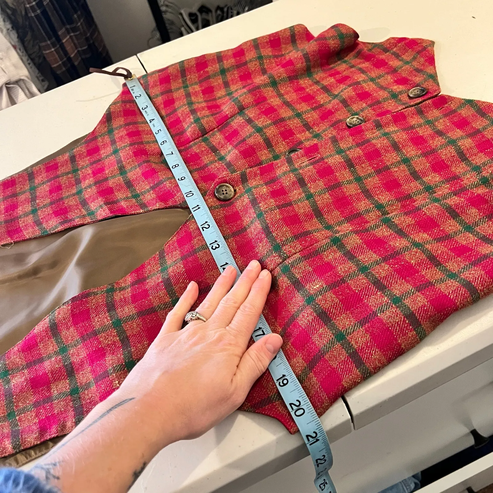 Vintage 90s Pink & Green Plaid Print Button Front Vest Top Size Large USA - Image 9