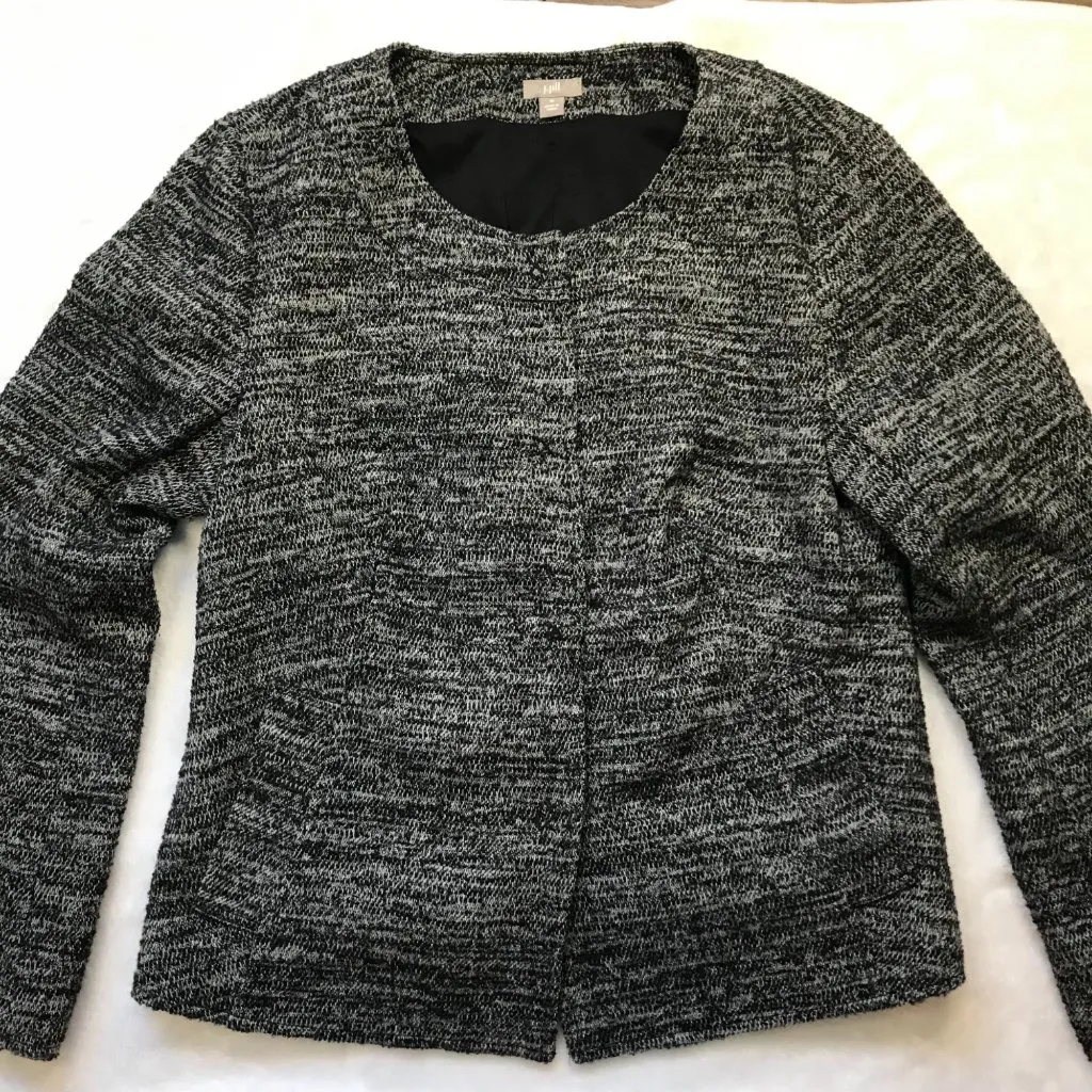 J. Jill Wool Blend Tweed Blazer‎ Jacket Gray Snap Front Size Medium Long Sleeves Black - Image 9