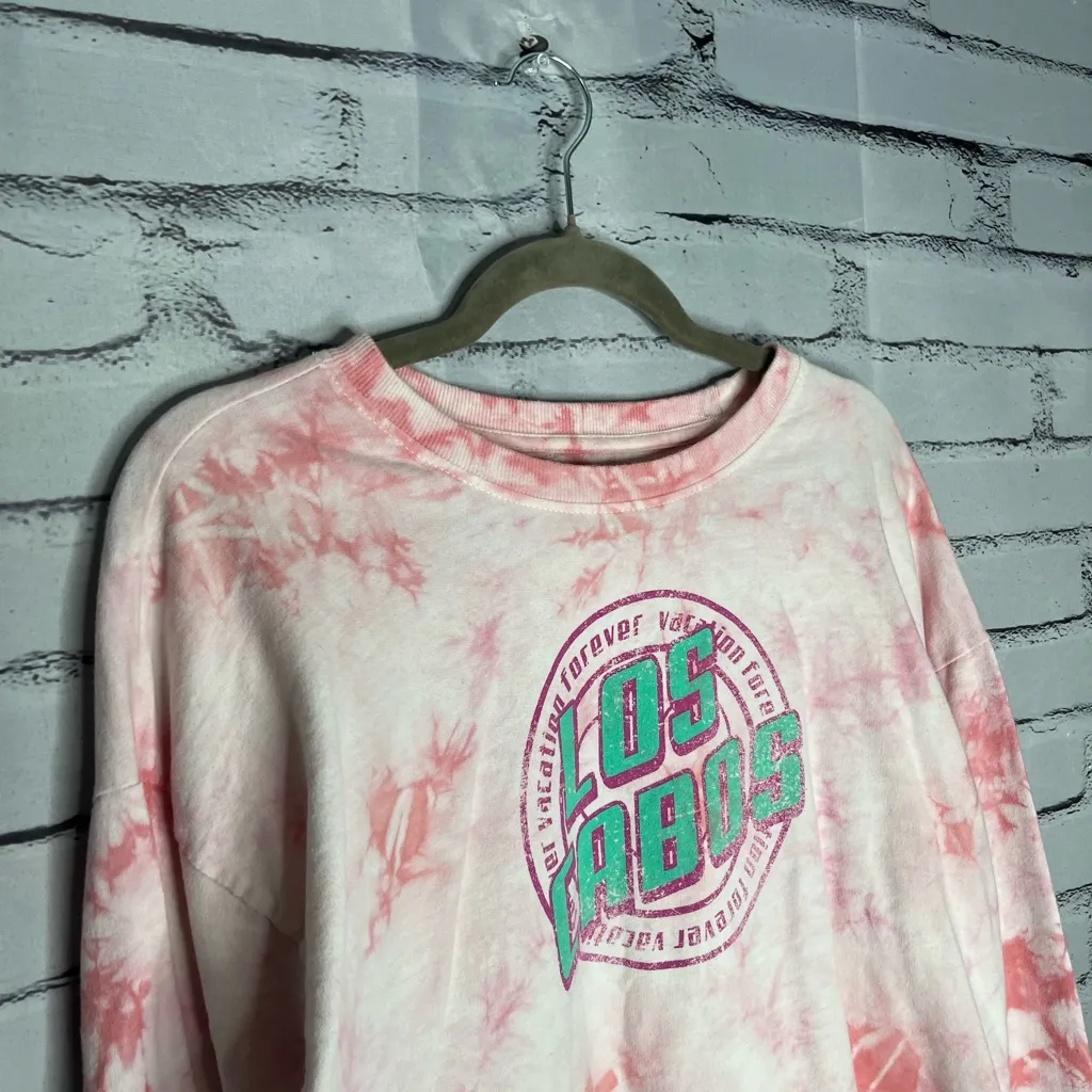 Forever 21 Pink & White Tie‑Dye Fitted Crop Top L Long Sleeve Y2K Summer Tee - Image 3