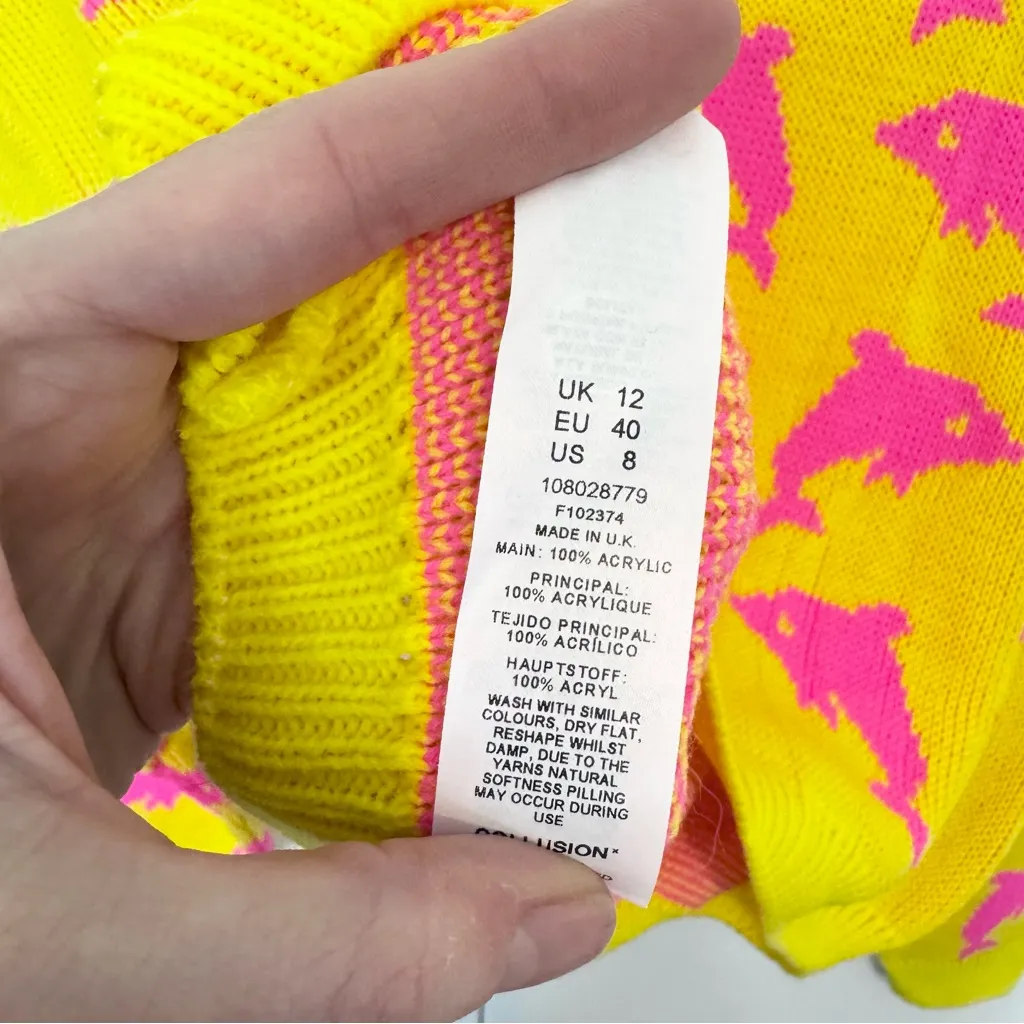 NWOT COLLUSION Vibrant Yellow and Pink Dolphin Pattern Sweater MEDIUM SZ 8 - Image 6