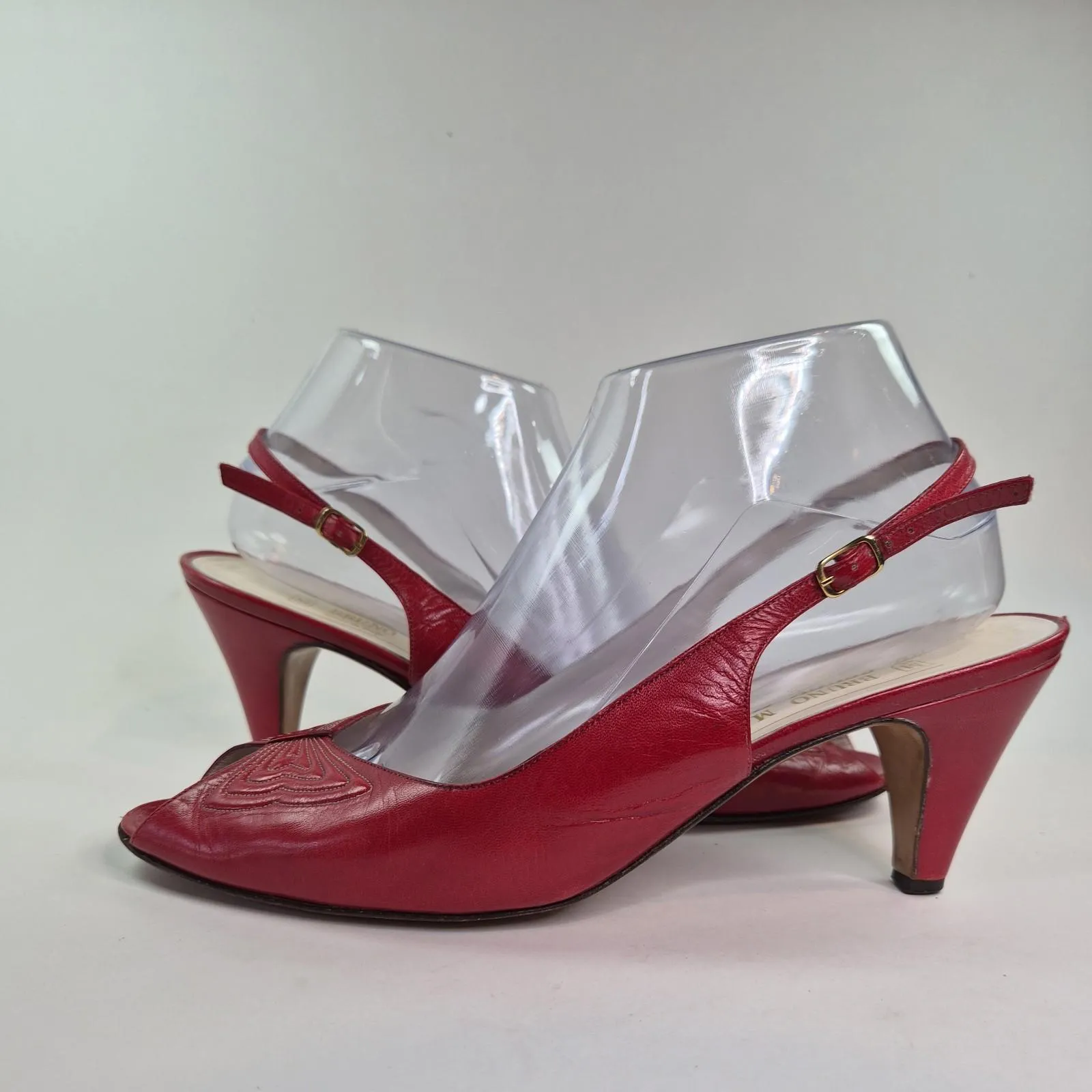 Bruno Magli Red Vintage Leather Slingback Heels Peep Made in Italy Size 8 - Image 7