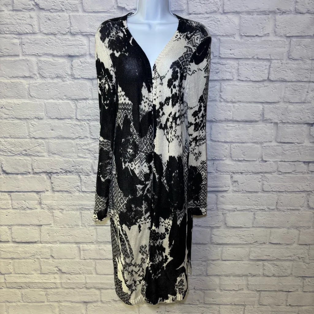 Chicos black white linen blend open front long cardigan sweater women’s Size 2 - Image 2