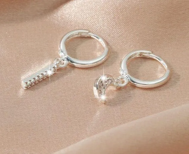 Rhinestone Detail Mismatched Hoop Drop Earrings Silver - Image 3