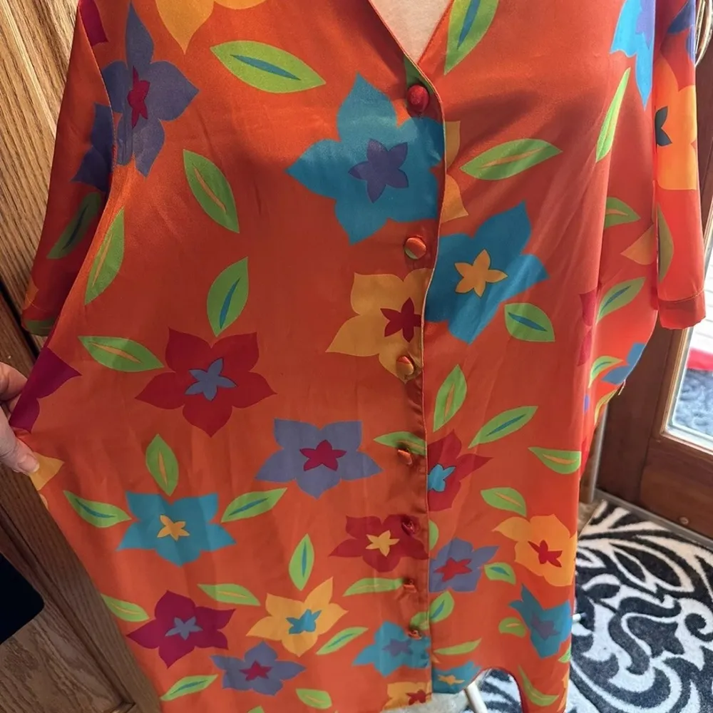Lane Bryant Intimates Sz 22/24 Orange Silky Sleep Shirt Hawaiian Flower Pajamas - Image 3
