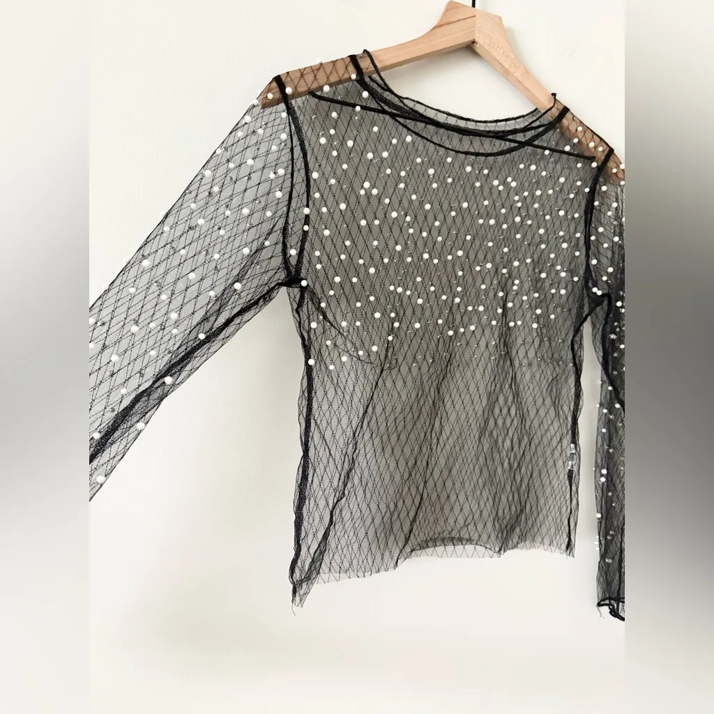 Amazon Sheer Long Sleeve Top and Pant Set Black with Pearl Detail - Size M - Image 3
