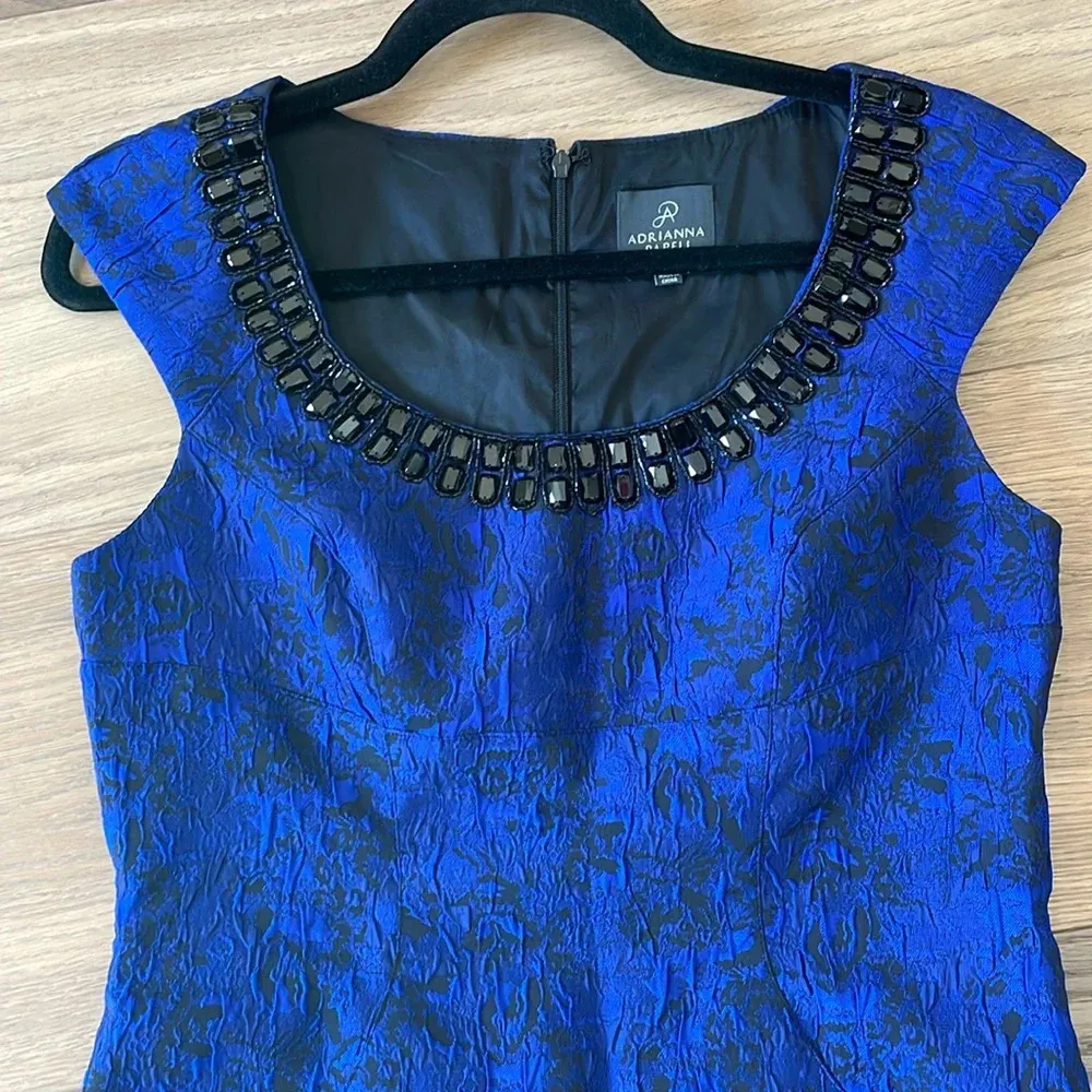 Adrianna Papell Black Blue Jacquard Brocade Beaded Embellished Sheath Dress 8P - Image 2