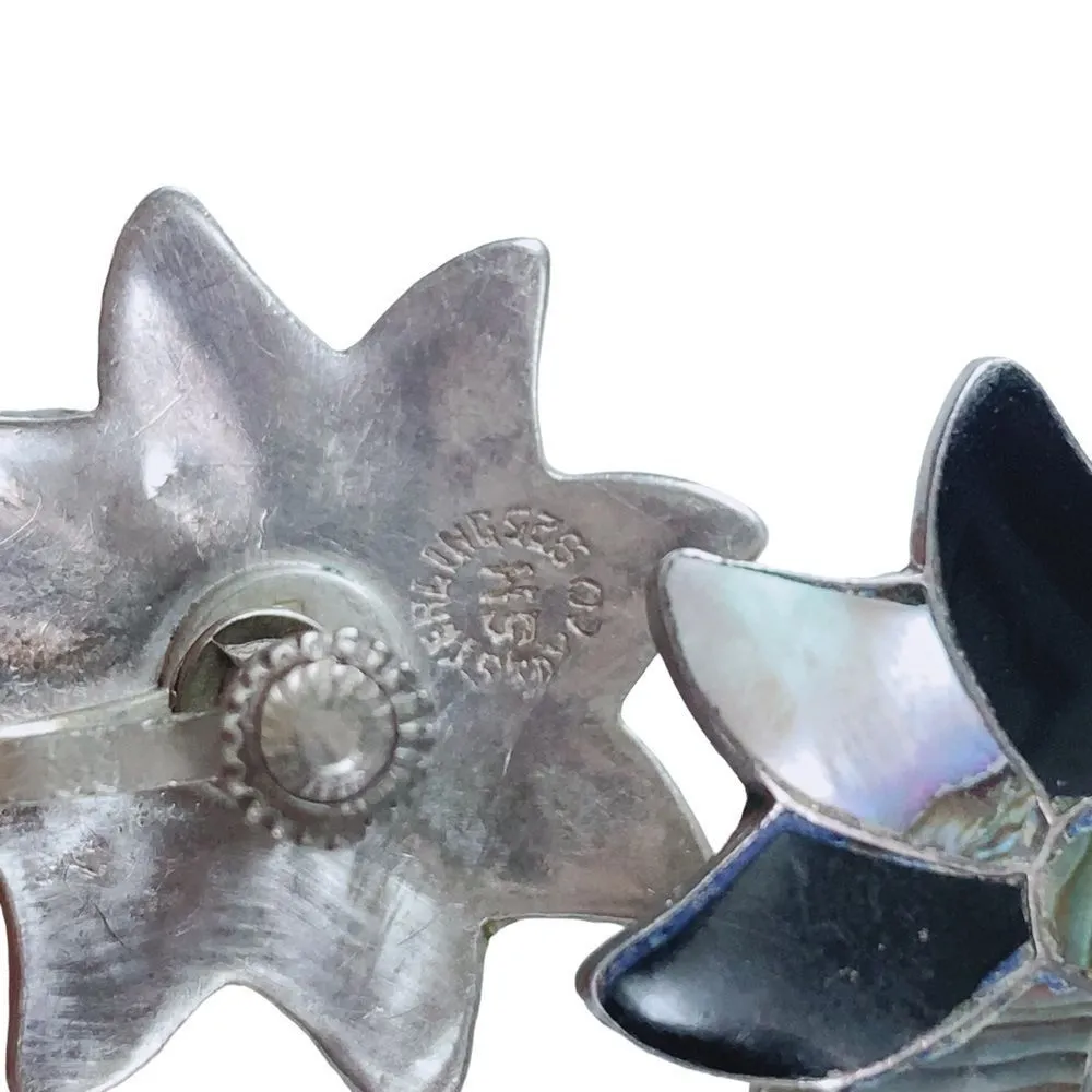 Vintage Mexican Black Onyx Abalone Shell Star 925 Taxco Sterling Silver Earrings - Image 8