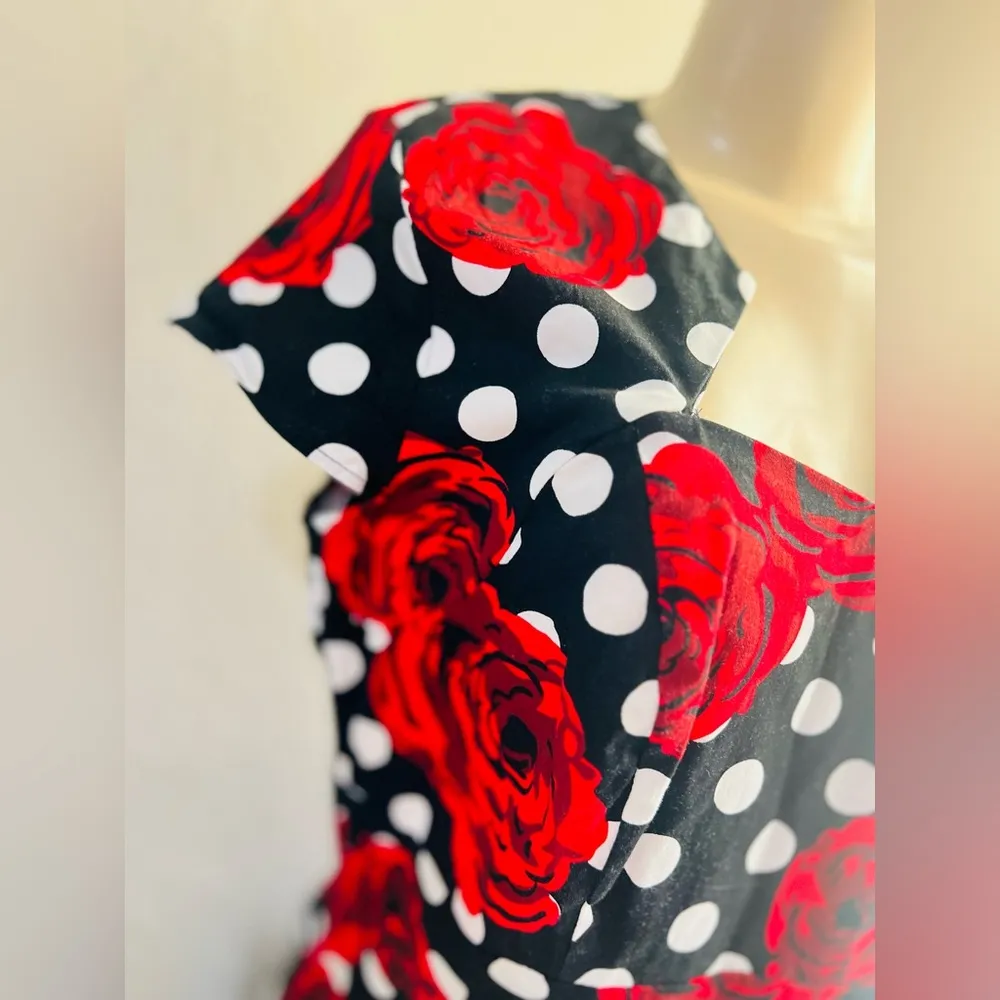 Grace Karin Red roses and black and white polka dots dress. Tea dress L - Image 9