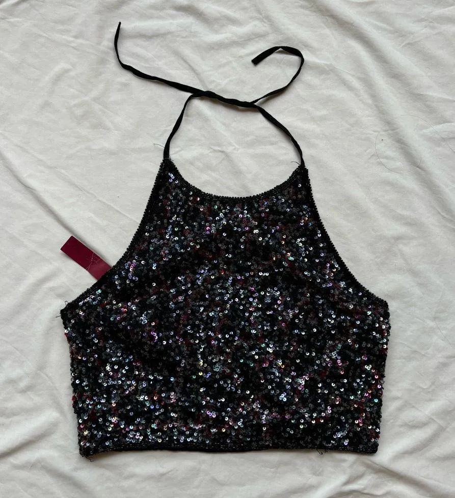 NEW WITH TAGS Emma Black Silk embellished Sequin Halter Crop Top Cami tank top Size 6 - Image 3