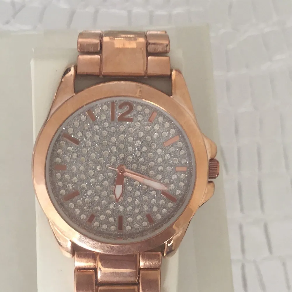Rose gold watch with crystal encrusted face. - Image 2