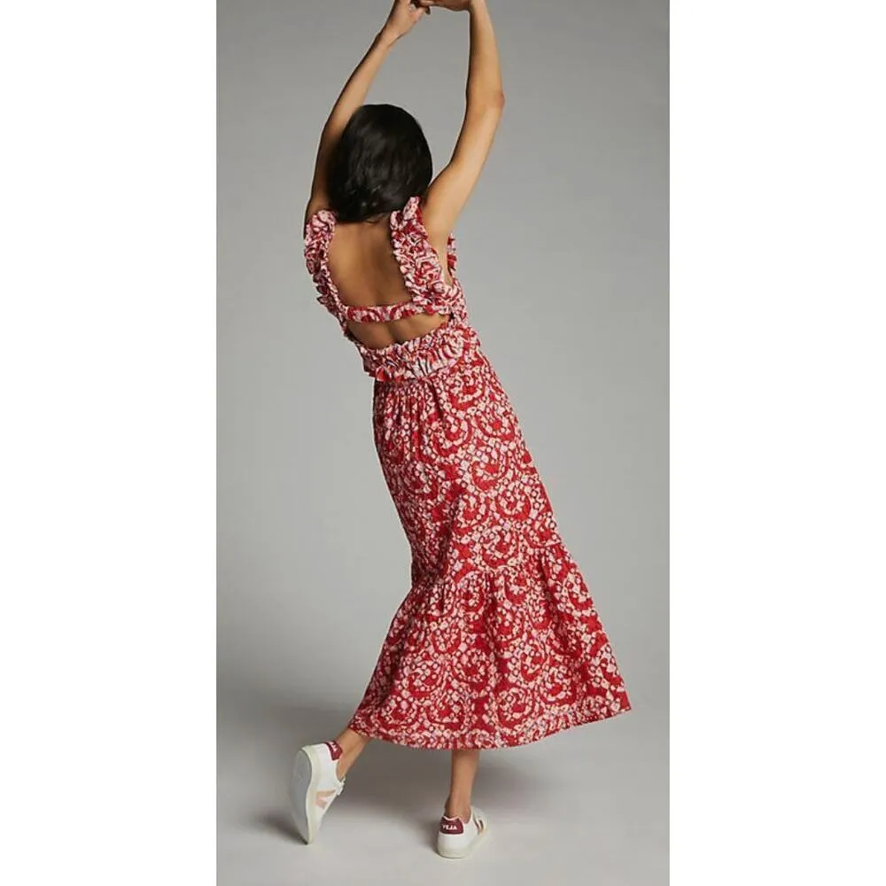 Anthropologie Atelier 1756 Colombia Amal Red Eyelet Midi Dress Size Small - Image 3