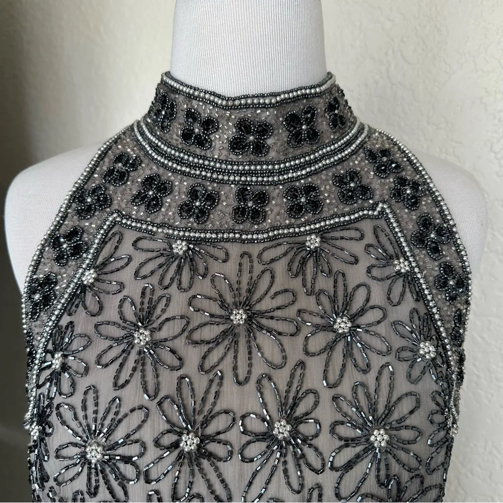 Papell Boutique Vintage Gray Black Beaded Mock Neck Tank Top shell 100% silk (L) Silver Size L - Image 11