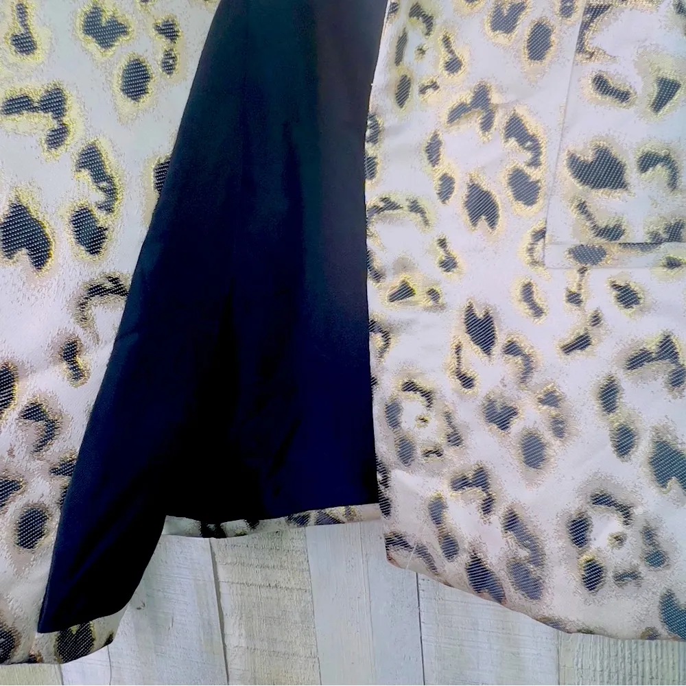 Natori  XS Metallic Leopard Print Open Front Lined Cardigan Jacket Faux Pockets - Image 4