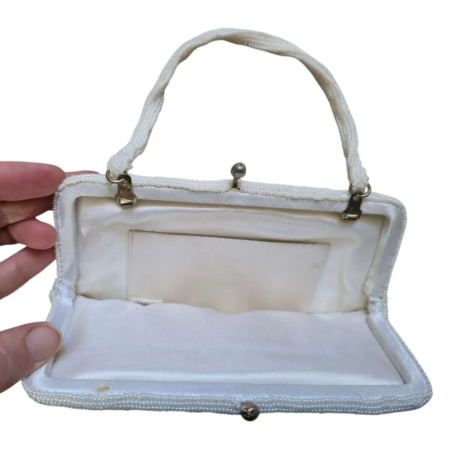 Vintage White Beaded Purse Handmade Korea Kiss Lock Handled Clutch Cocktail Luxe - Image 3