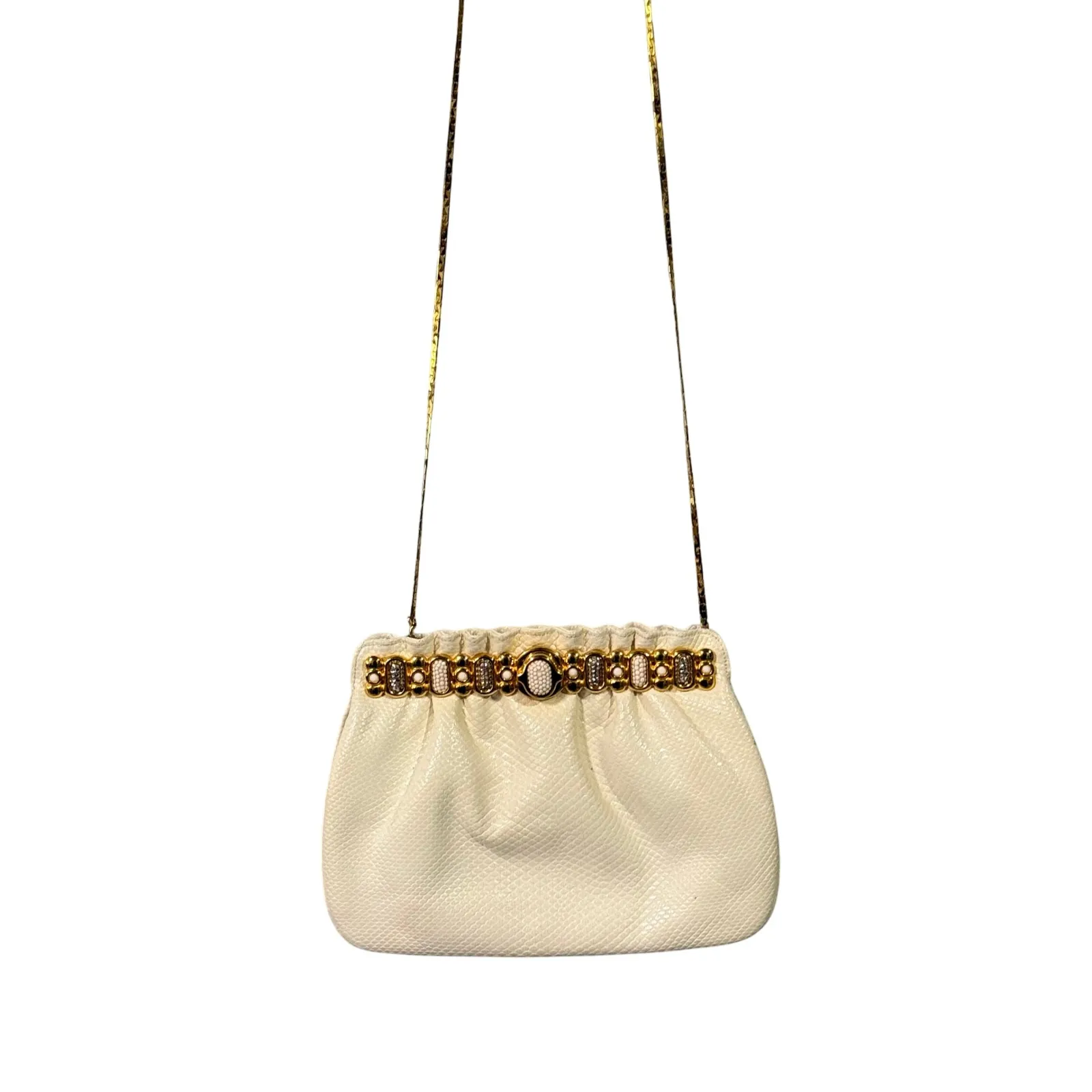 Finesse La Model Vintage Cream Evening Bag Gold Jewel Lock Snakeskin Texture - Image 3
