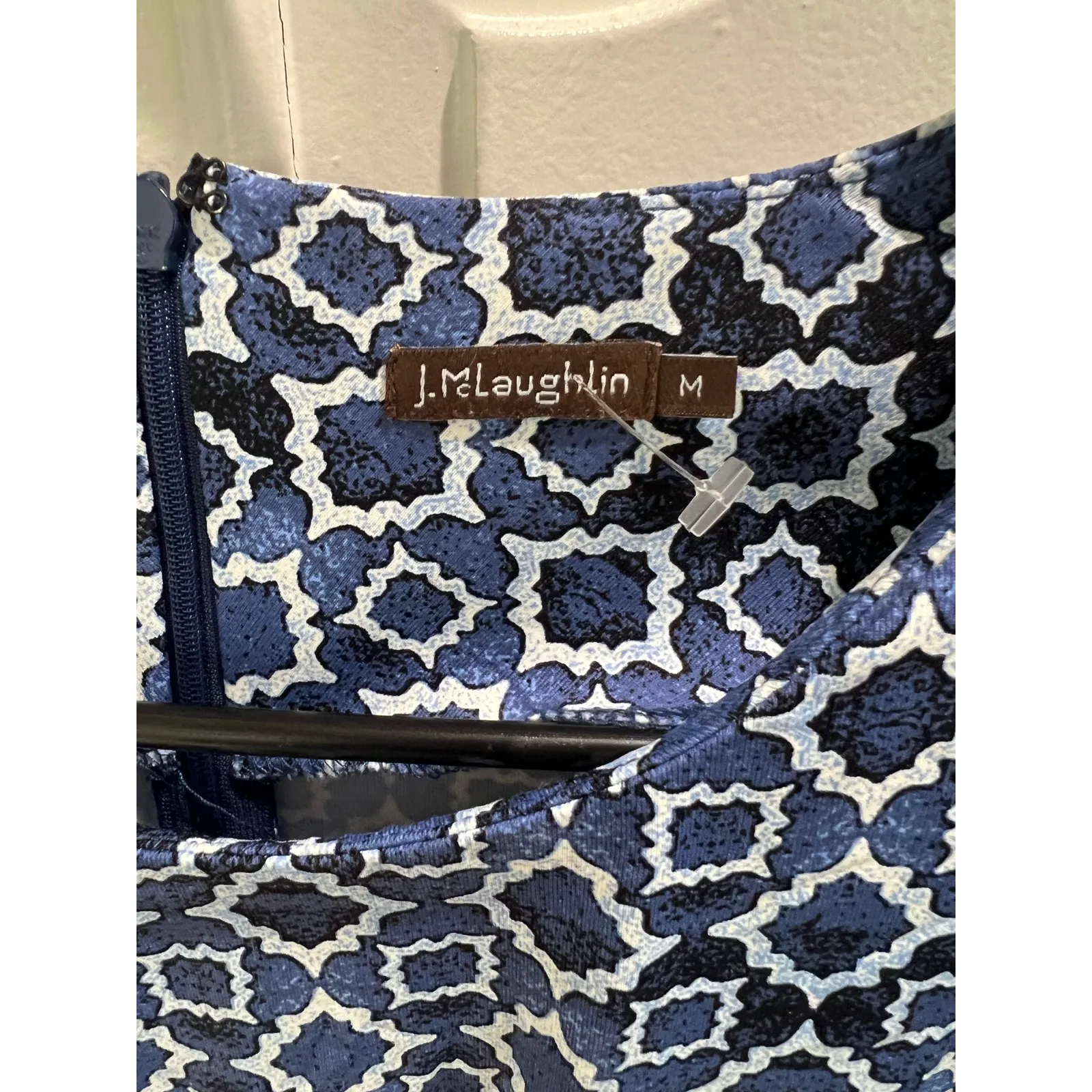 J.McLaughlin Blue Geometric Knit Dress Women’s Medium 3/4 Sleeve Zipper Back - Image 6