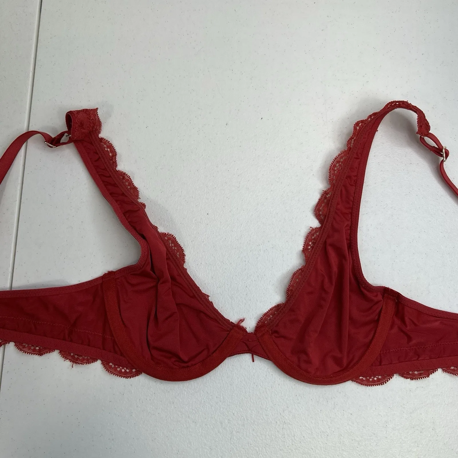 Aerie Happy Size 32A Bra Very Sexy Lined Demi Push Up Underwire Red Lace Plunge - Image 8