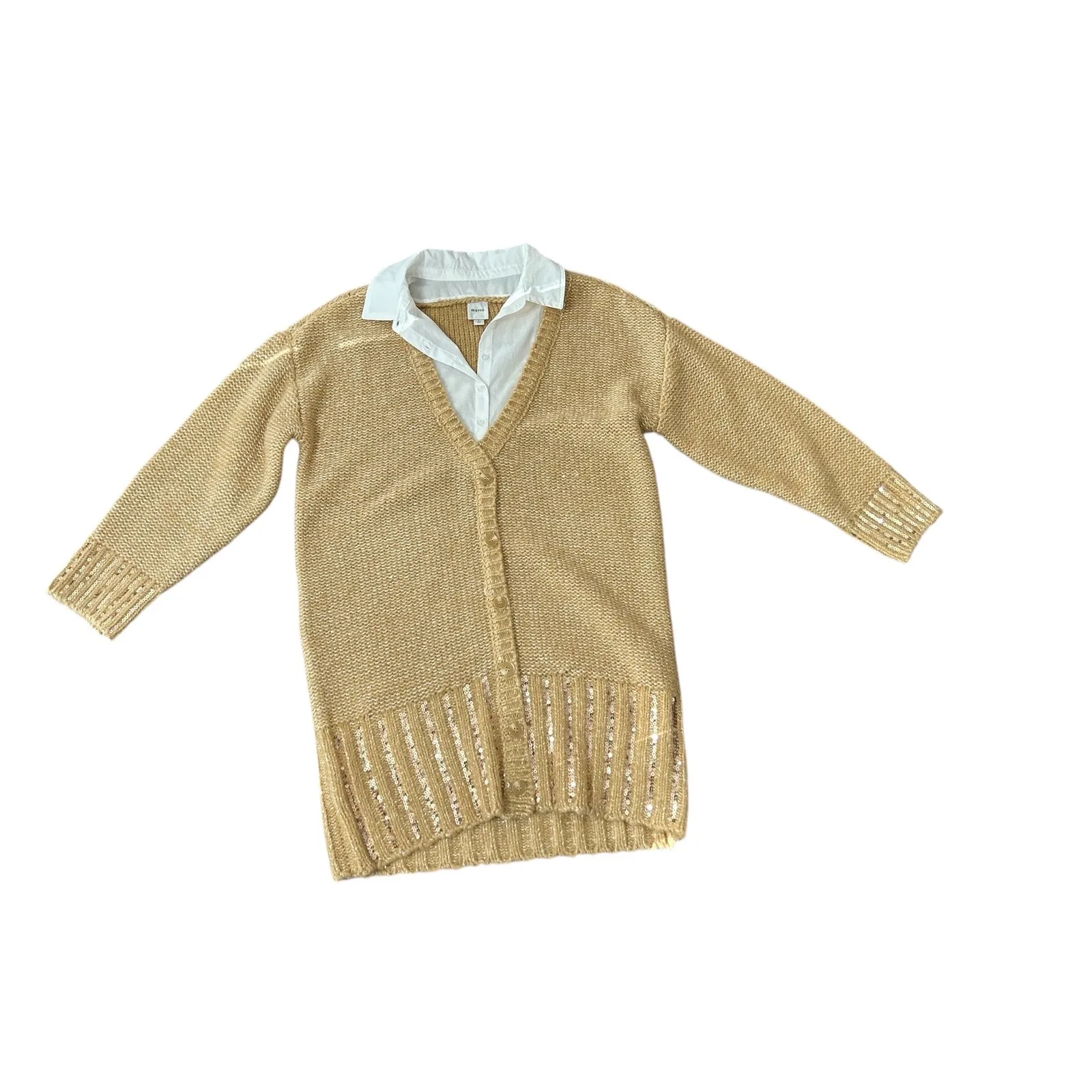 Maeve Tan Sequin Knit Cardigan Sweater Button Front Long Sleeve Size L new - Image 6