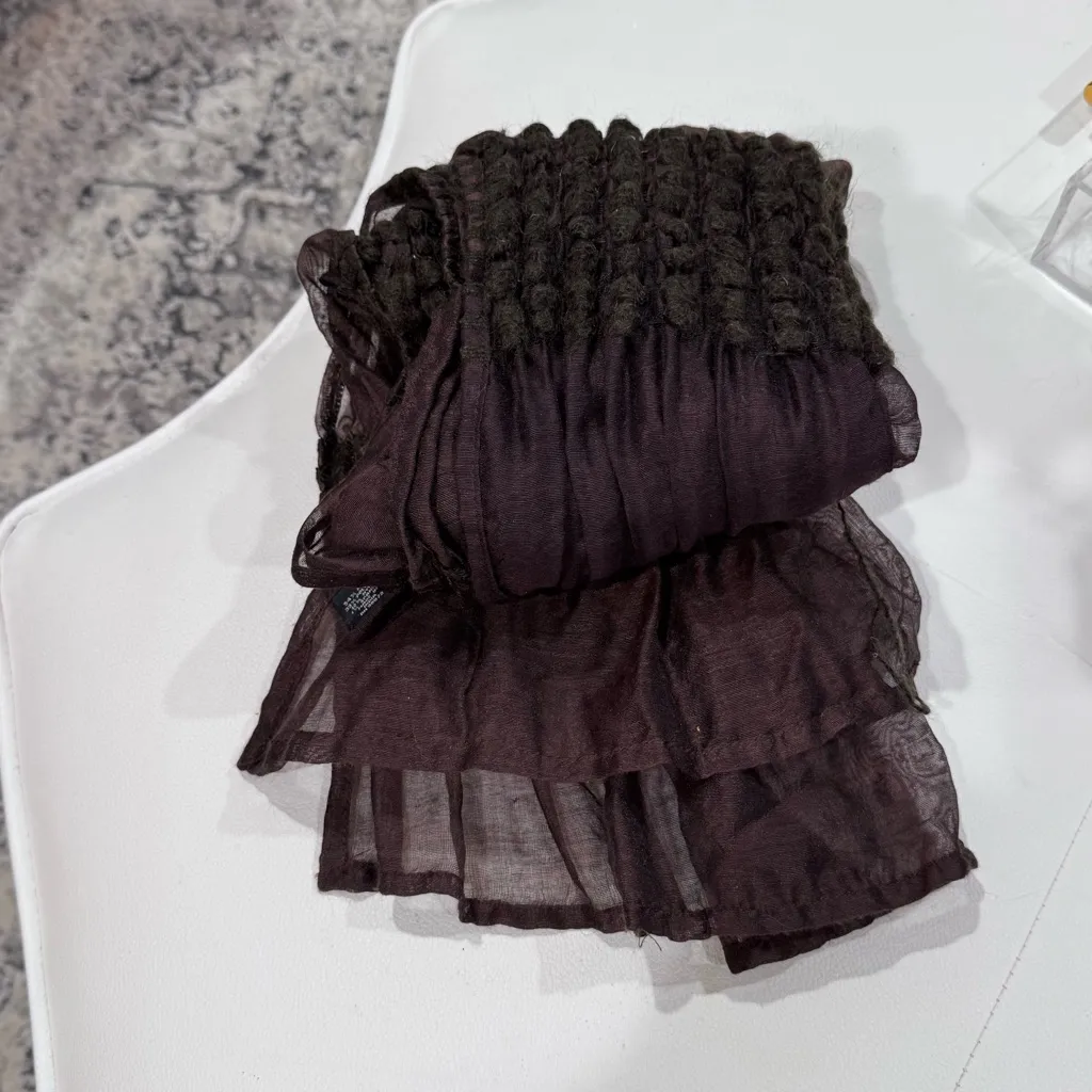 Dark Brown Ruched Scarf with Textured Sections Black - Image 5