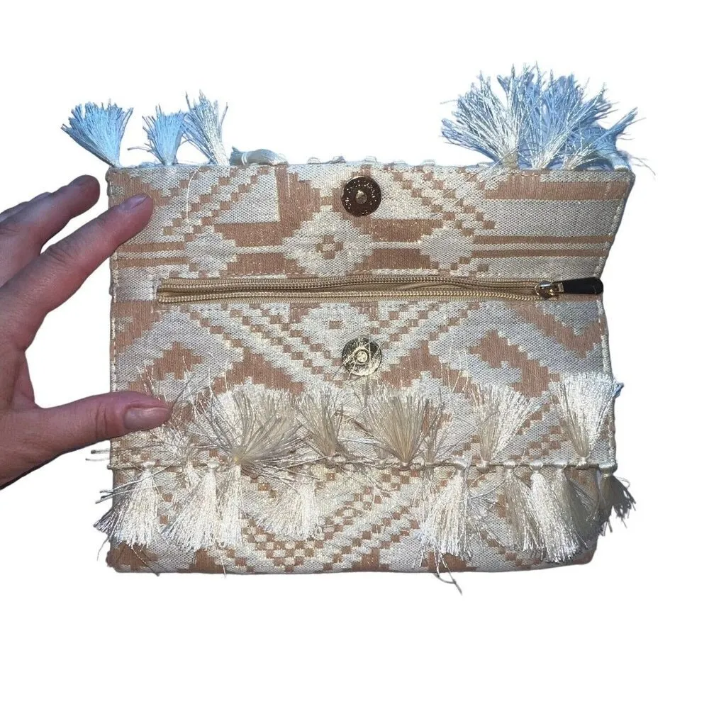 CREAM TAN AZTEC BOHO‎ TASSELED CLUTCH PURSE HANDBAG WOVEN WOMEN FOLD OVER SNAP - Image 4