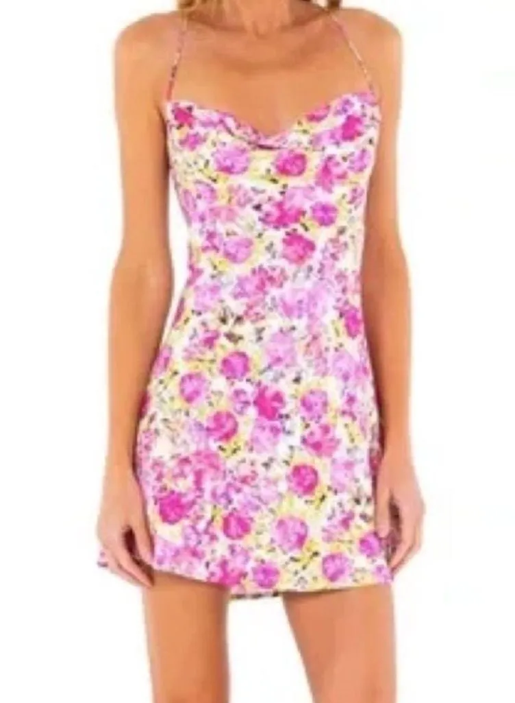 For Love And Lemons Paulina Rose Pink / Green Floral Mini Dress NWT Crossback M - Image 3