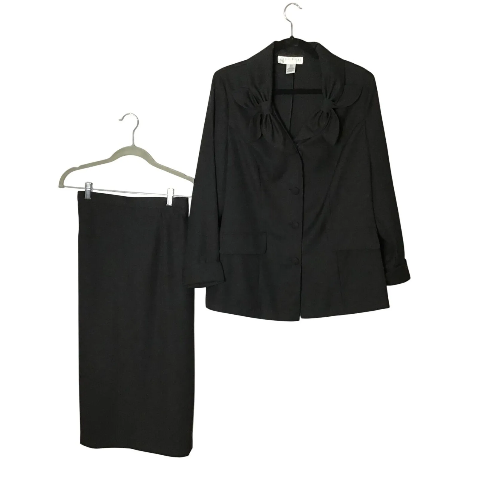 Vintage Black‎ Skirt Suit Set Bow Collar Jacket Career Business Formal Black Size 16W - Image 3
