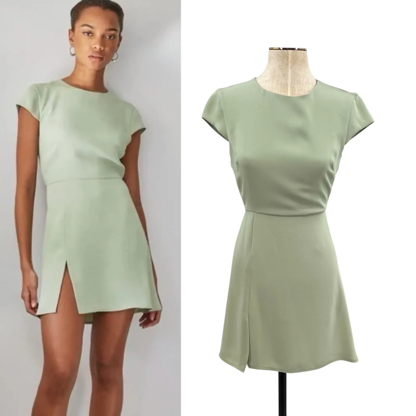 Aritzia Babaton‎ Hamptons Mini Dress Short Sleeve Cut Out Sage Green Size 0 - Image 2