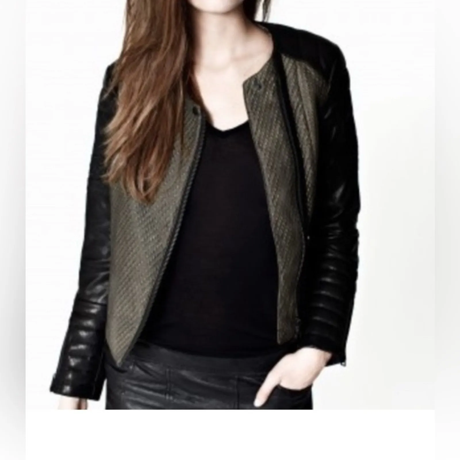 Woman’s Allsaints Abel Biker Jacket Black Leather Contrast Sleeves Size 4 - Image 2