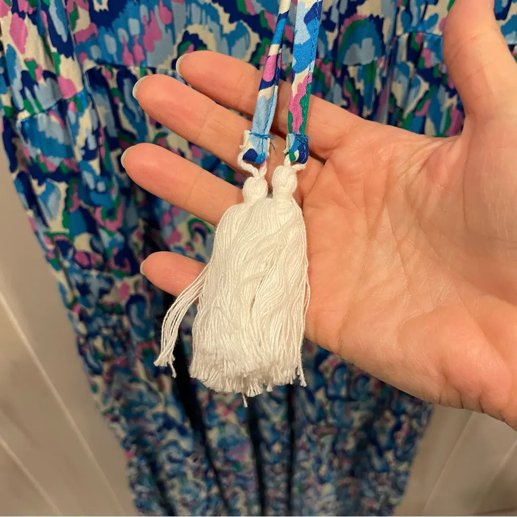 Flowy aqua confetti brushstrokes sleeveless maxi dress tassel tie neck tiered Blue Size M - Image 4