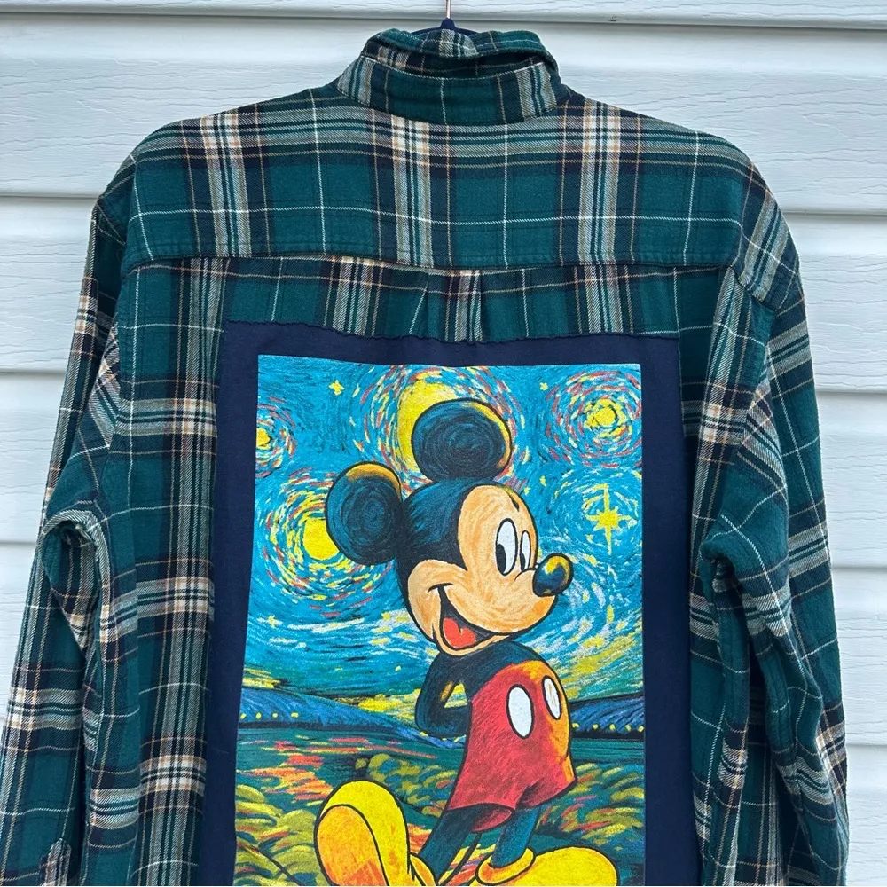 Plaid Shirt with Mickey Mouse Starry Night Design Green Size L - Image 4
