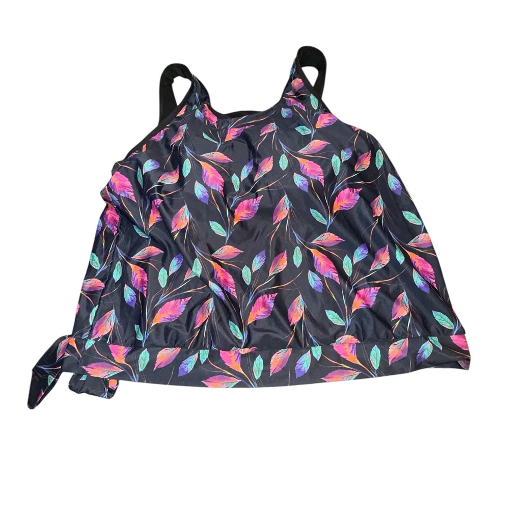 Colorful Feather Print Swim Top Black Size XL - Image 2