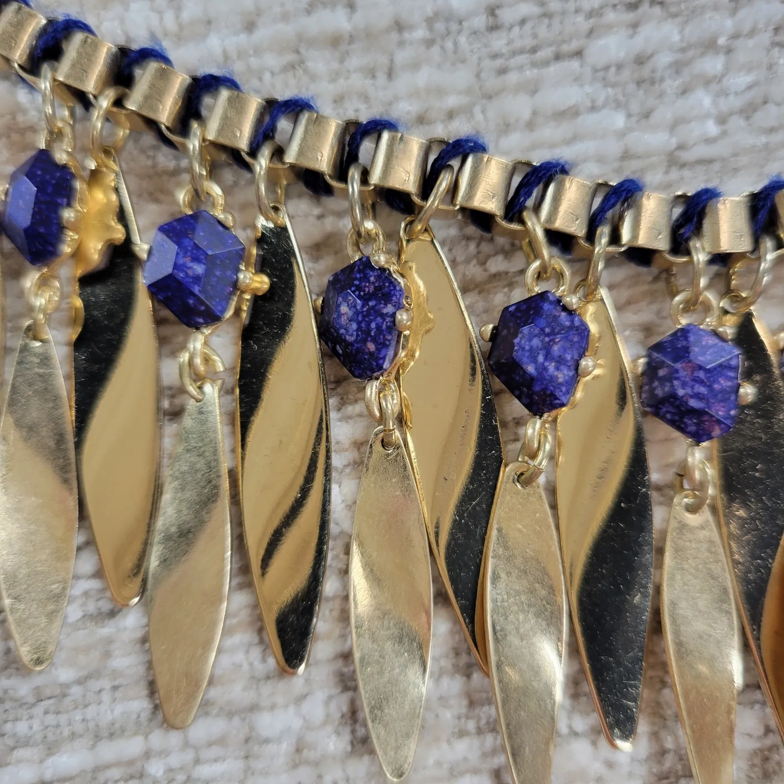 Kenneth Cole Gold Tone Blue Gem Statement Necklace Dangling Leaf Shaped Chain - Image 2