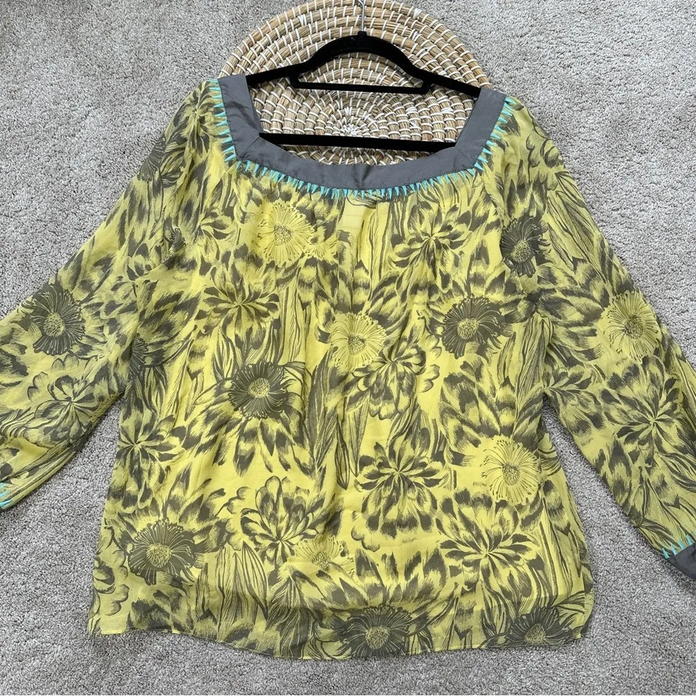 Sundance Women’s 100% Silk Floral Blouse Square Neck 3/4 Sleeve Yellow Gray L Size L - Image 7