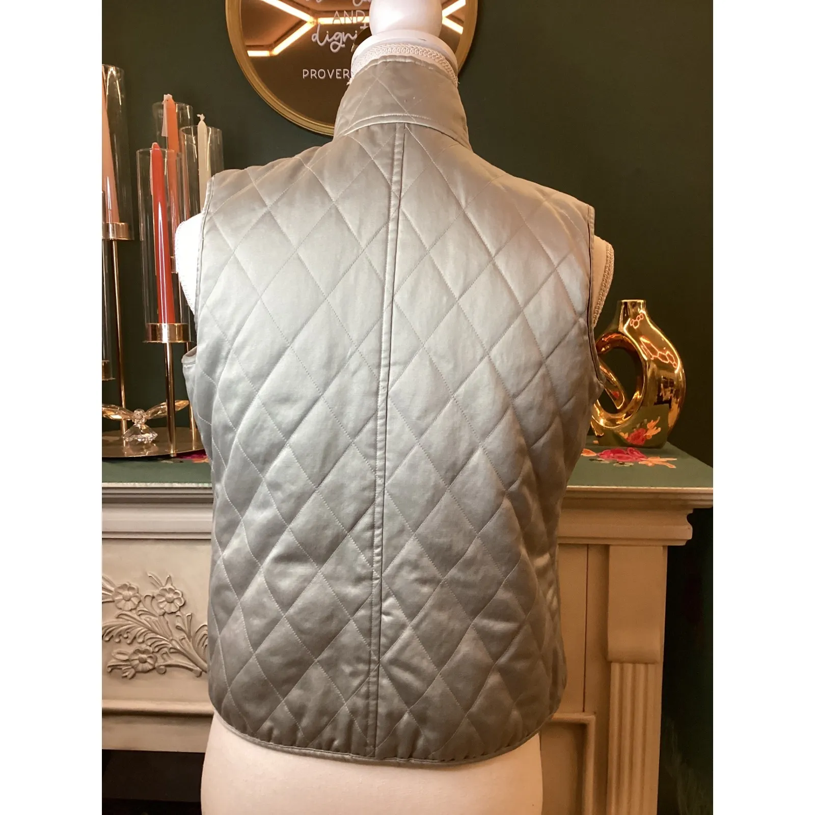 Ralph Lauren Reversible Quilted Vest Metallic Silver/Ivory Zip Up P/P Silver Size undefined - Image 2