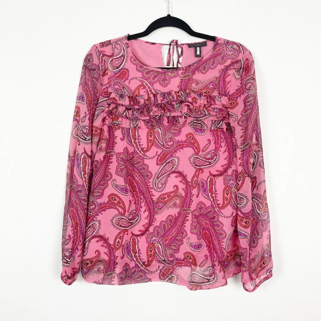 J. Crew Woman's Sz 4 Pink Paisley‎ Printed Ruffle Front Silk Blouse Top - Image 3