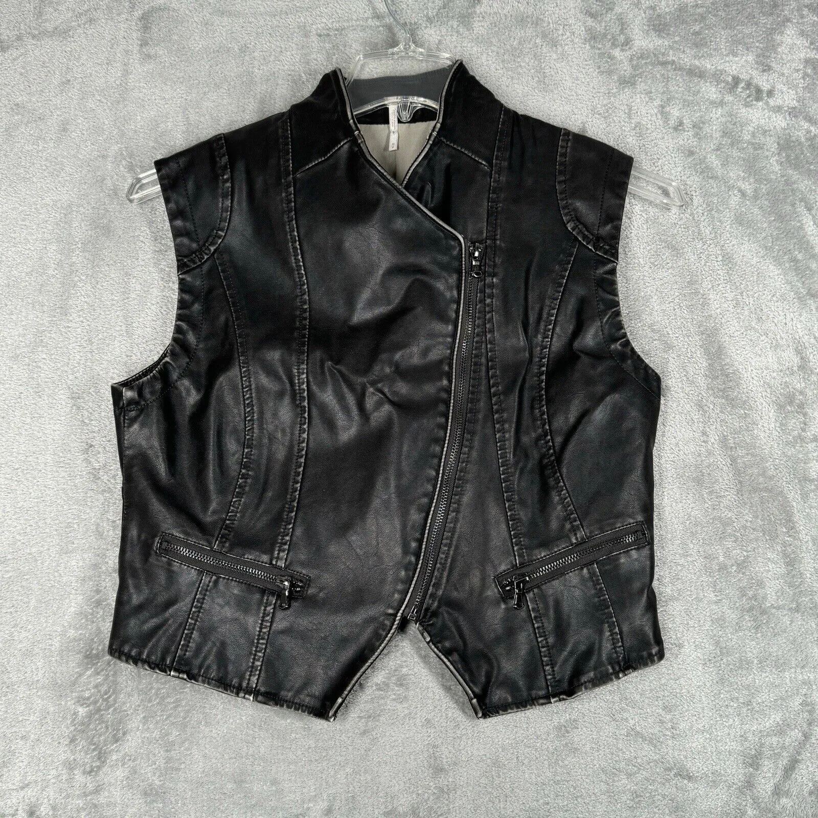 Free People Vest Womens Medium Black Faux Vegan Leather Asymmetric‎ Moto Biker - Image 2