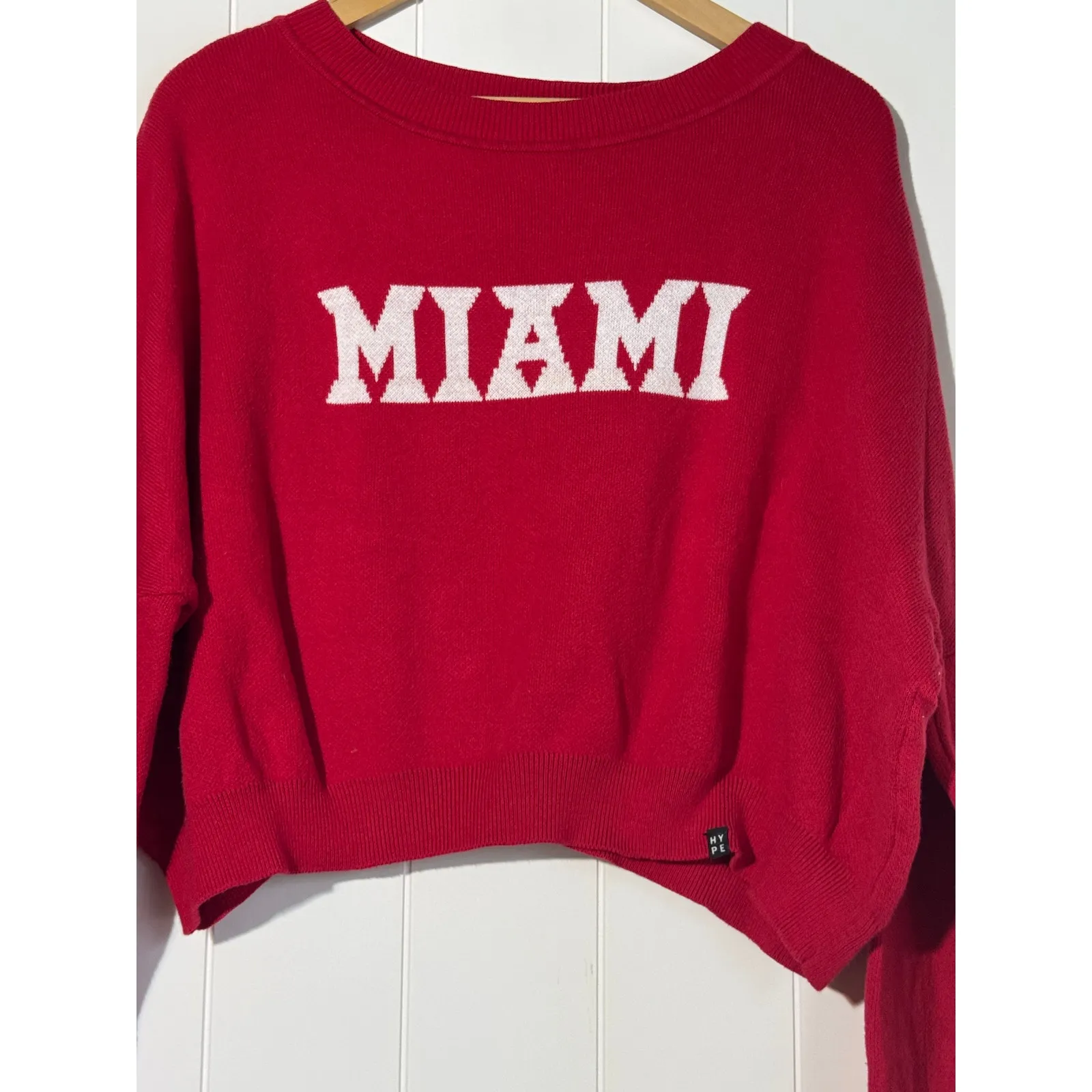 Hype & Vice Small Miami Red White Knit Cropped Crewneck Cotton Sweater - Image 2